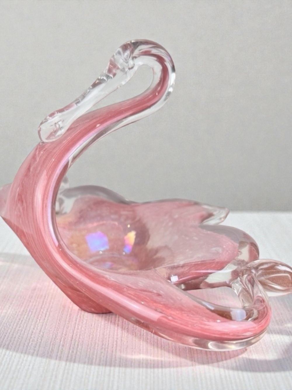 Vintage pink art glass swirl Swan, trinket dish, decor Pretty Feminine